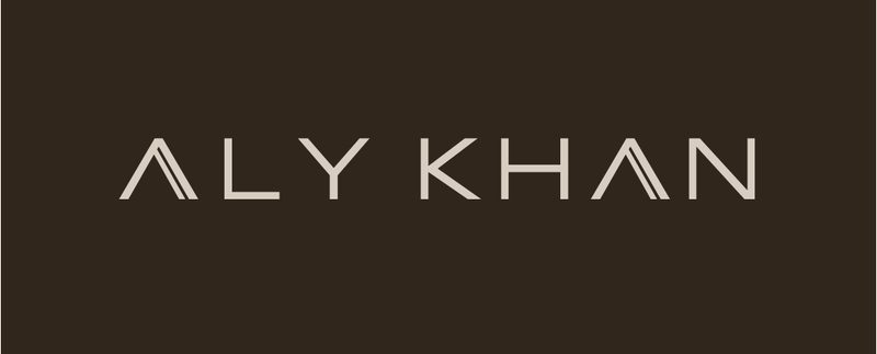 Aly Khan logo in linen on earth brown