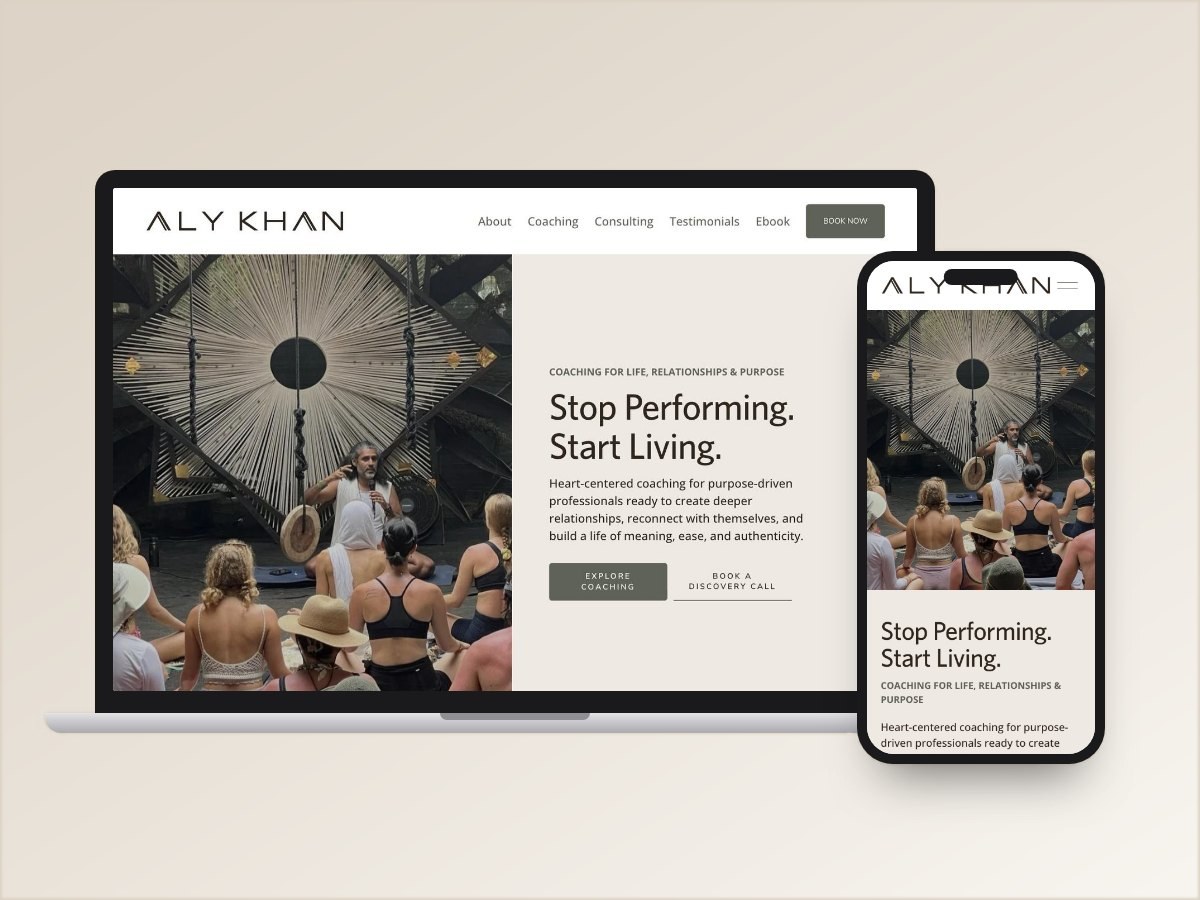 Aly Khan website design on laptop and phone: visual identity, website and copy editing by Ilumina Brand Studio