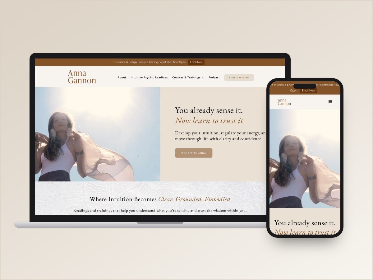 Anna Gannon website design on laptop and phone: visual identity and website by Ilumina Brand Studio