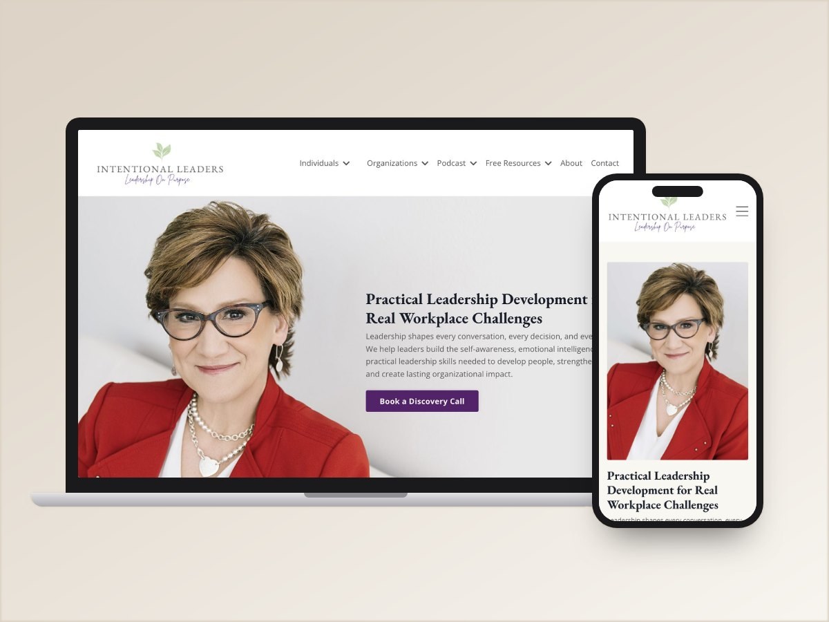 Intentional Leaders website design on laptop and phone: visual identity and website by Ilumina Brand Studio