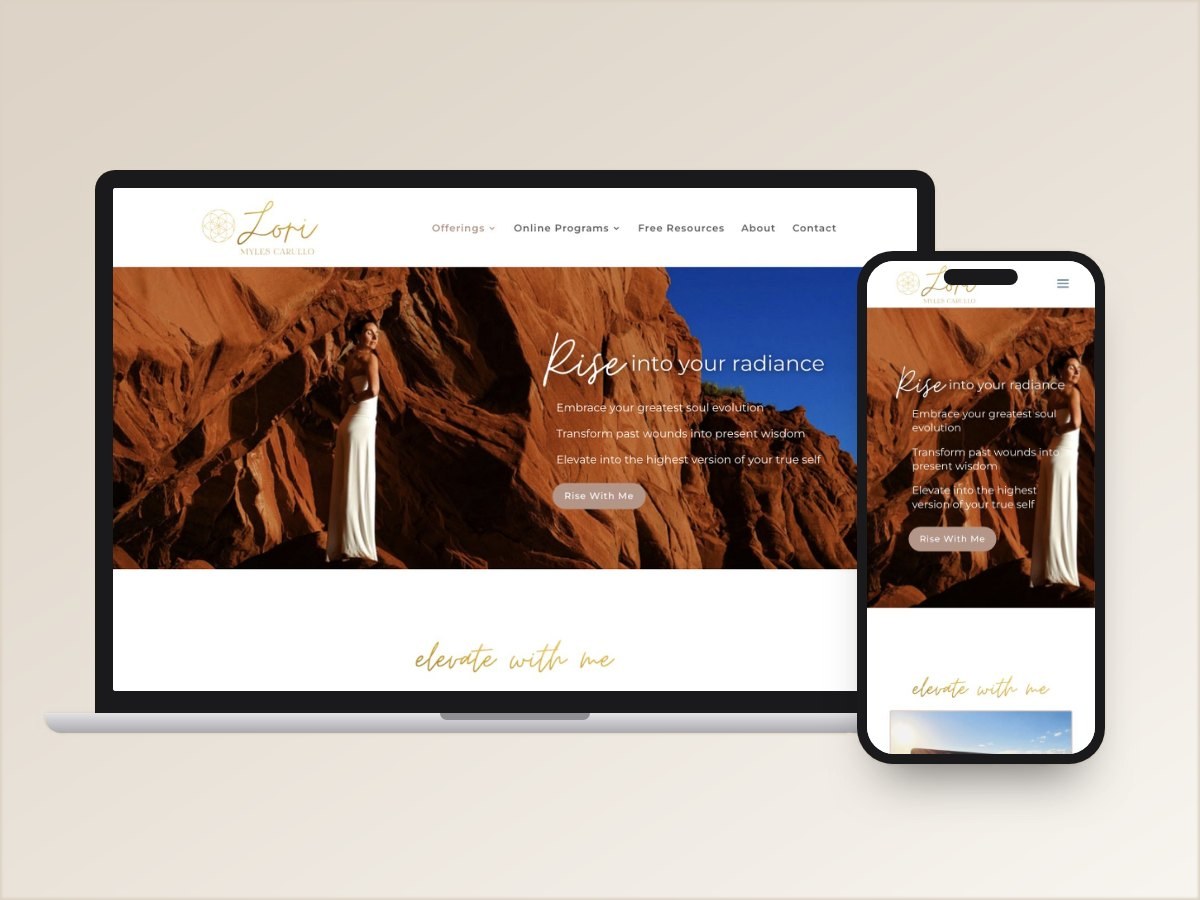 Lori Myles-Carullo website design on laptop and phone: visual identity and website by Ilumina Brand Studio