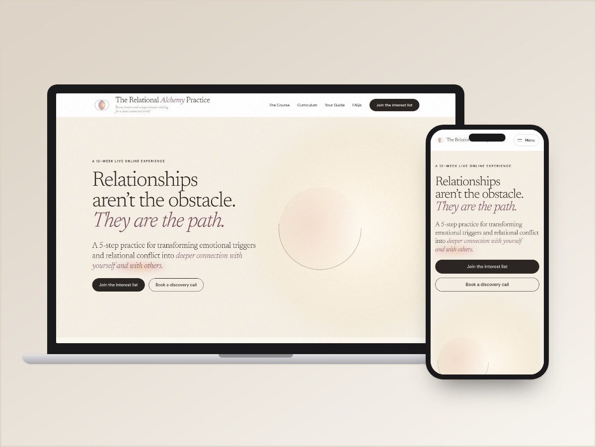 The Relational Alchemy Practice website design on laptop and phone: brand identity, course design and website by Ilumina Brand Studio